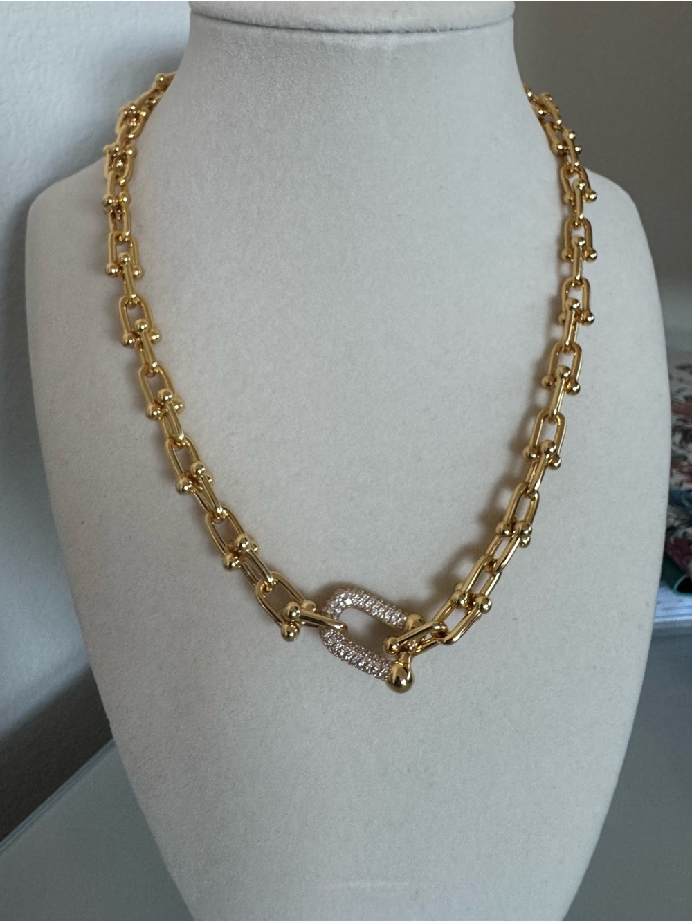 Gold Plated Link Chain Necklace with Pave Accent